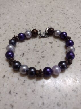 Classic Multi-Color Pearl Beaded Bracelet - Purple, White & Brown